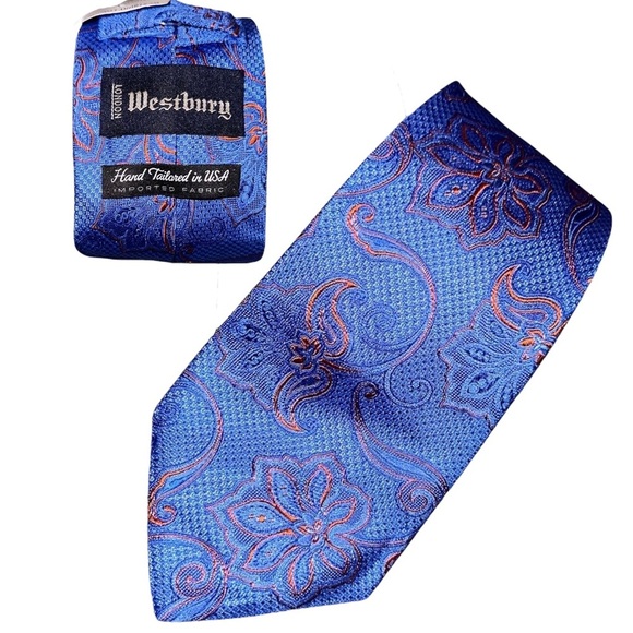 Westbury London Men’s Necktie 100% Silk USA Blue Textured Paisley Luxury Tie NWT - Picture 1 of 5